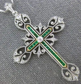 ANTIQUE LARGE 1.5CT ROSE CUT &OLD MINE DIAMOND & EMERALD 14K WHITE GOLD NECKLACE