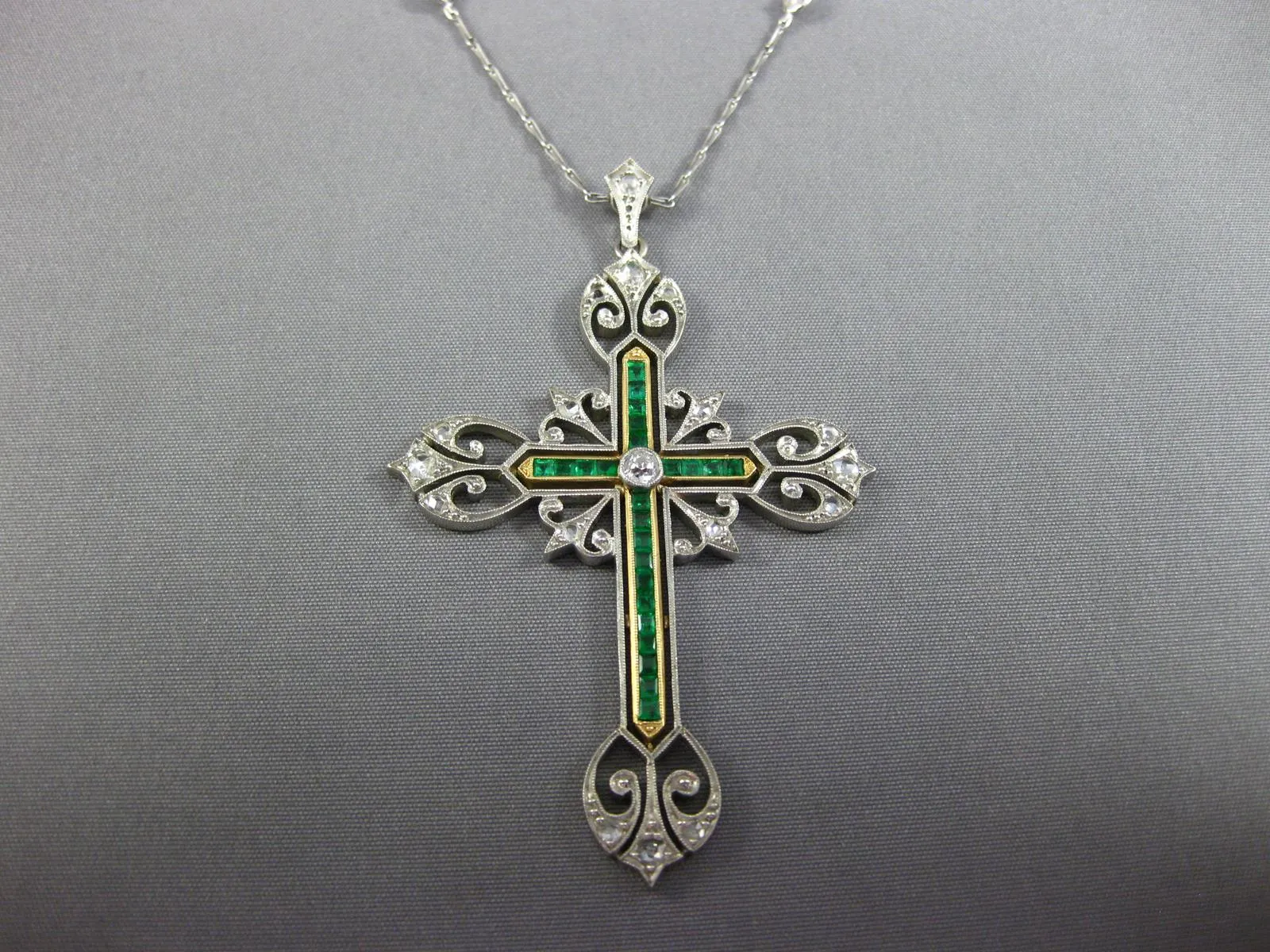 ANTIQUE LARGE 1.5CT ROSE CUT &OLD MINE DIAMOND & EMERALD 14K WHITE GOLD NECKLACE