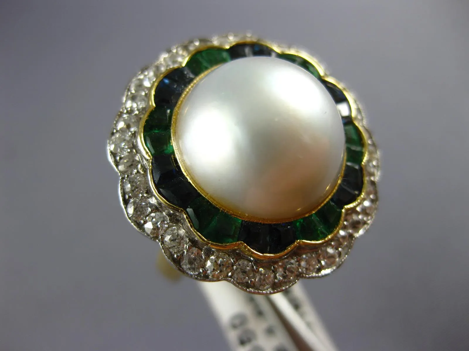 ANTIQUE LARGE DIAMOND AAA PEARL EMERALD SAPPHIRE 14KT GOLD BALLERINA RING #1873