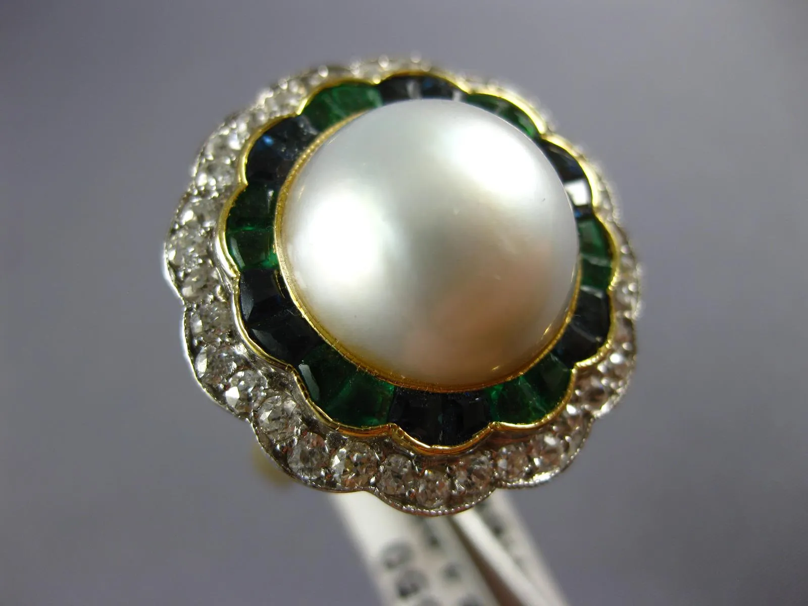 ANTIQUE LARGE DIAMOND AAA PEARL EMERALD SAPPHIRE 14KT GOLD BALLERINA RING #1873