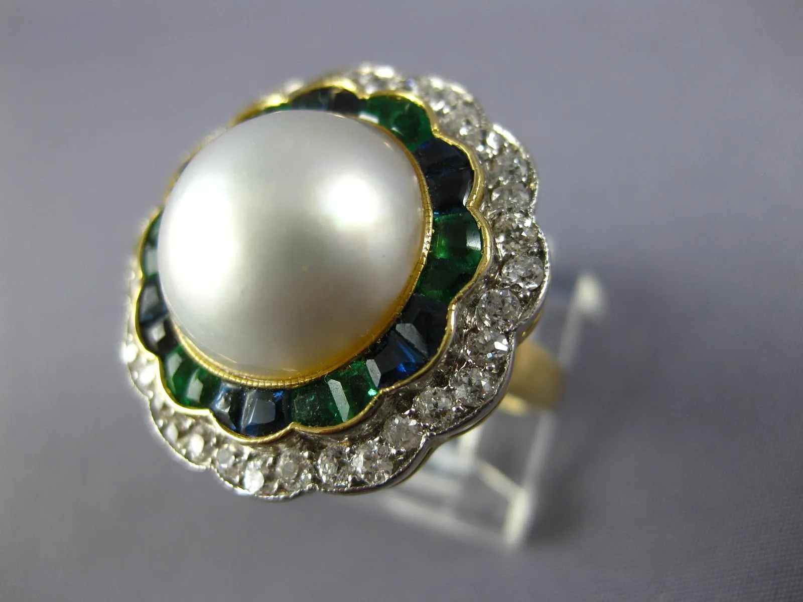 ANTIQUE LARGE DIAMOND AAA PEARL EMERALD SAPPHIRE 14KT GOLD BALLERINA RING #1873