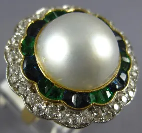 ANTIQUE LARGE DIAMOND AAA PEARL EMERALD SAPPHIRE 14KT GOLD BALLERINA RING #1873
