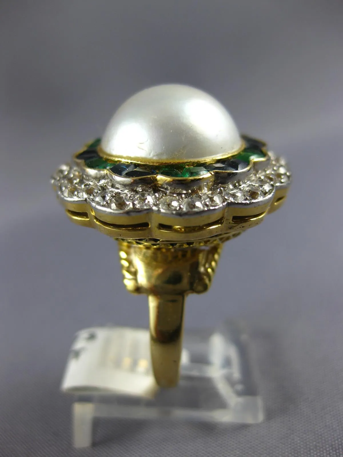 ANTIQUE LARGE DIAMOND AAA PEARL EMERALD SAPPHIRE 14KT GOLD BALLERINA RING #1873