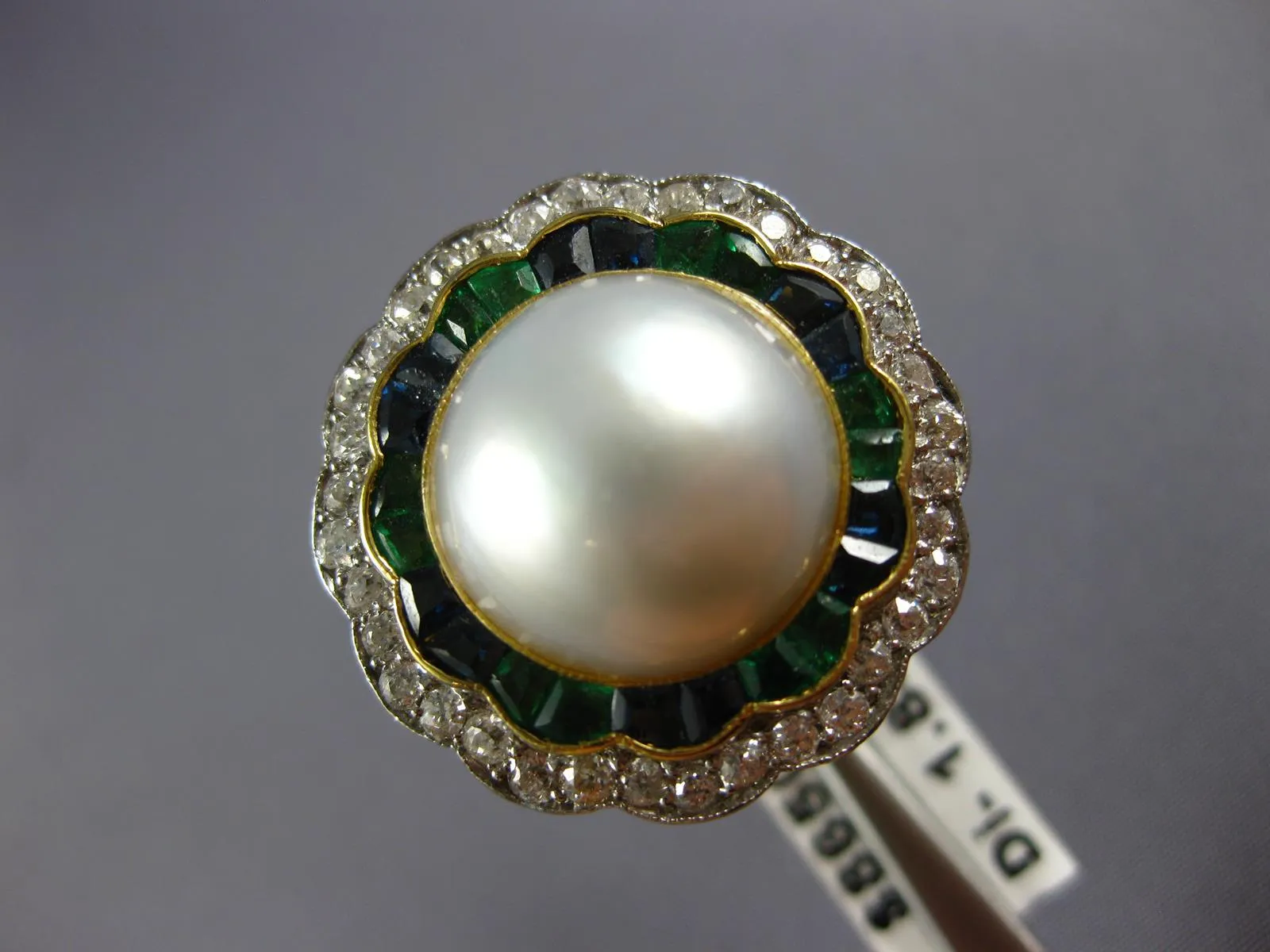 ANTIQUE LARGE DIAMOND AAA PEARL EMERALD SAPPHIRE 14KT GOLD BALLERINA RING #1873