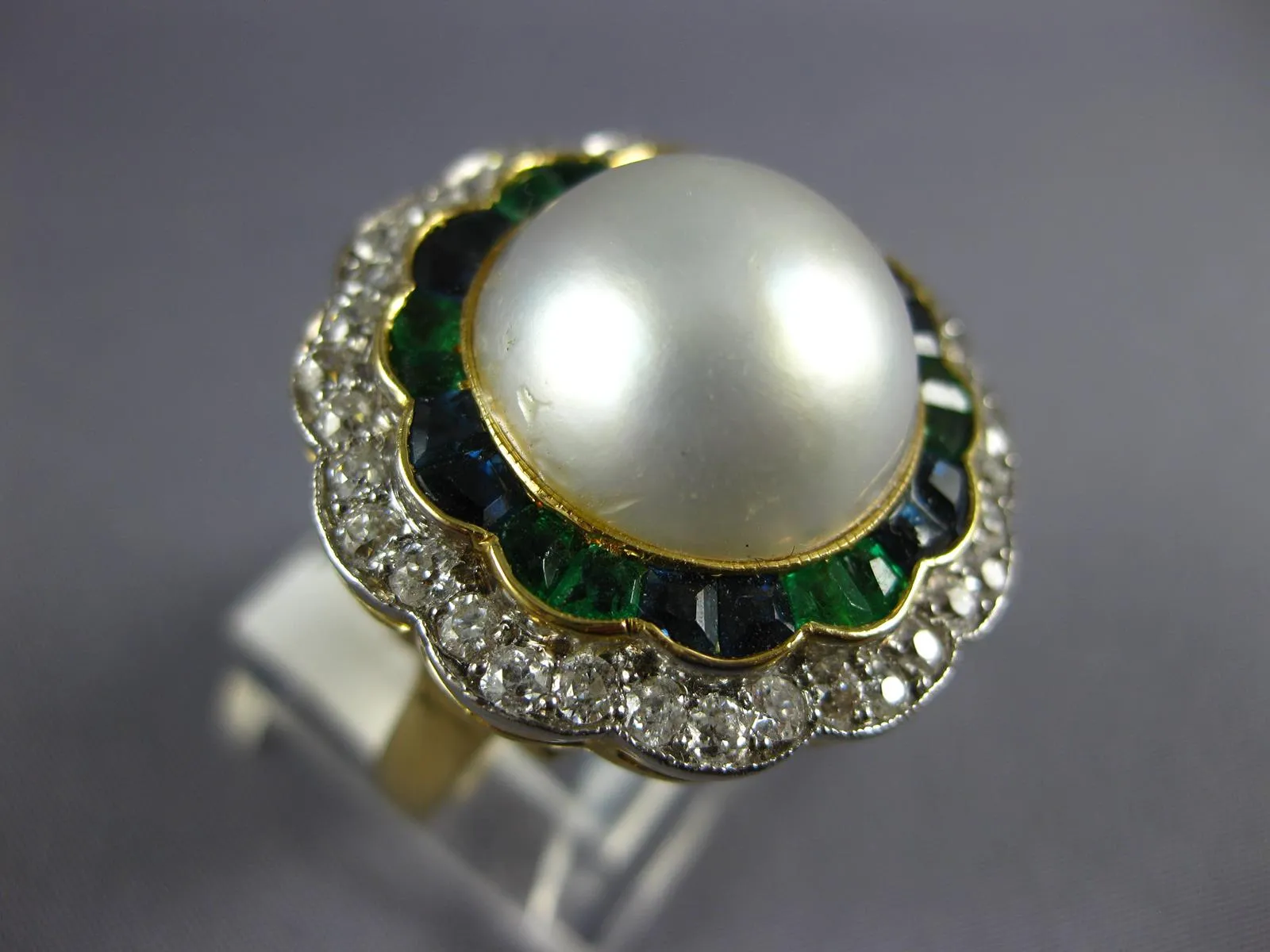 ANTIQUE LARGE DIAMOND AAA PEARL EMERALD SAPPHIRE 14KT GOLD BALLERINA RING #1873