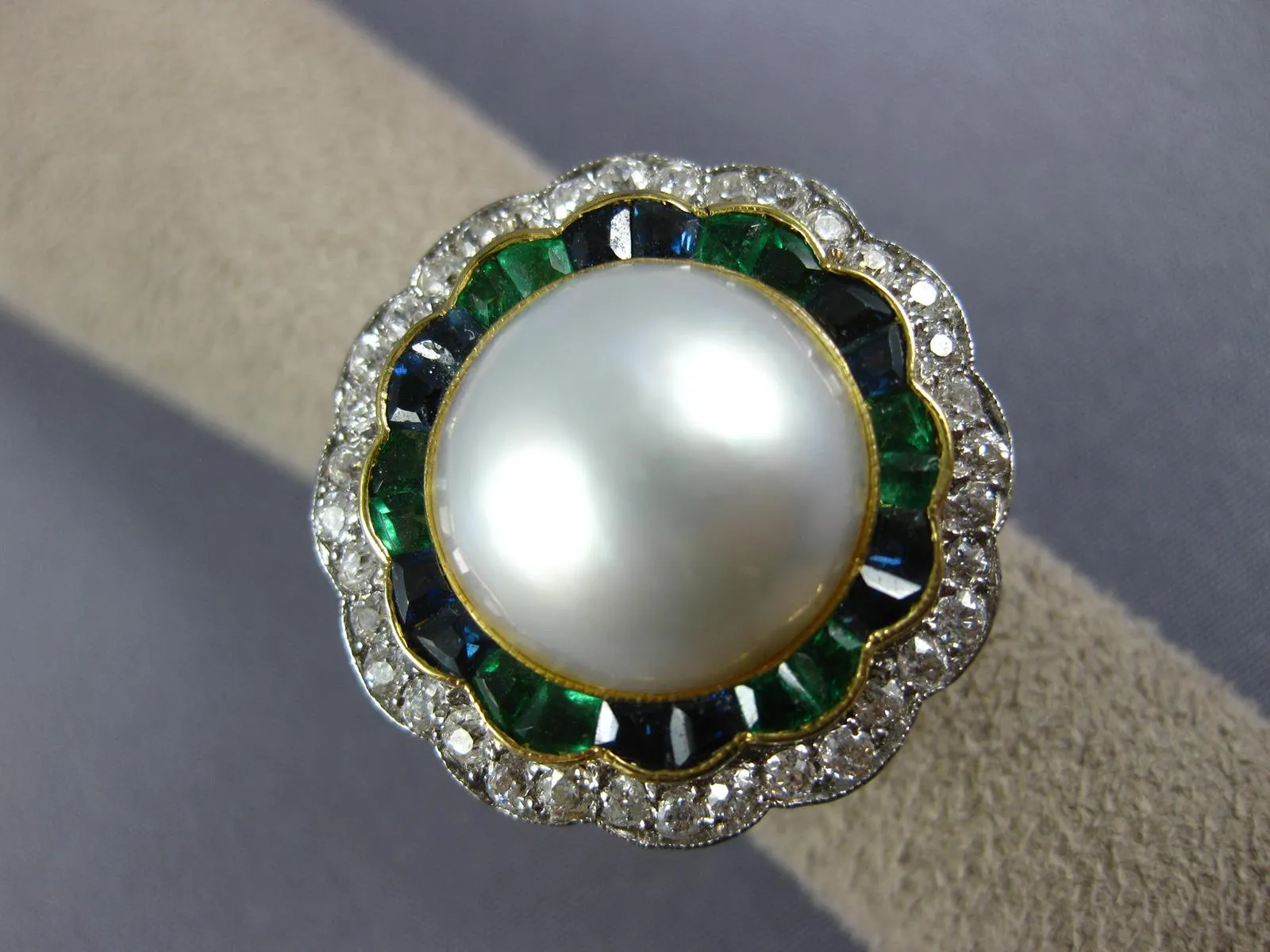 ANTIQUE LARGE DIAMOND AAA PEARL EMERALD SAPPHIRE 14KT GOLD BALLERINA RING #1873