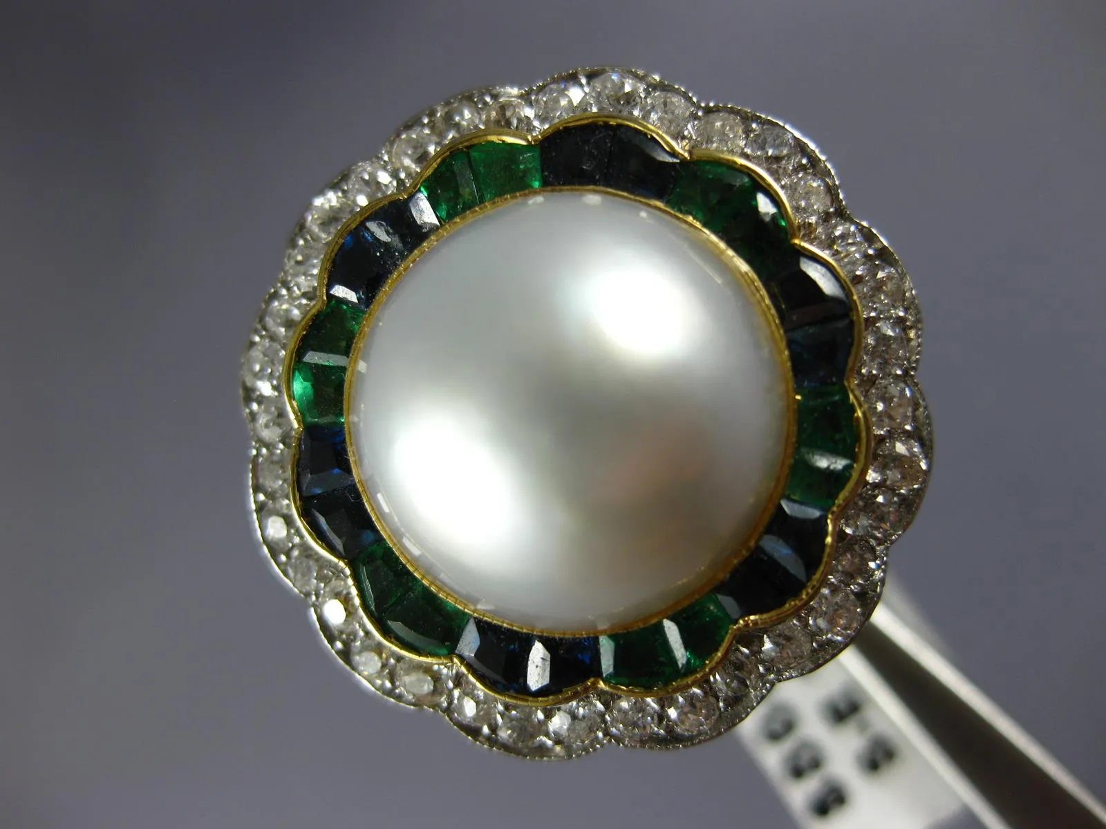 ANTIQUE LARGE DIAMOND AAA PEARL EMERALD SAPPHIRE 14KT GOLD BALLERINA RING #1873