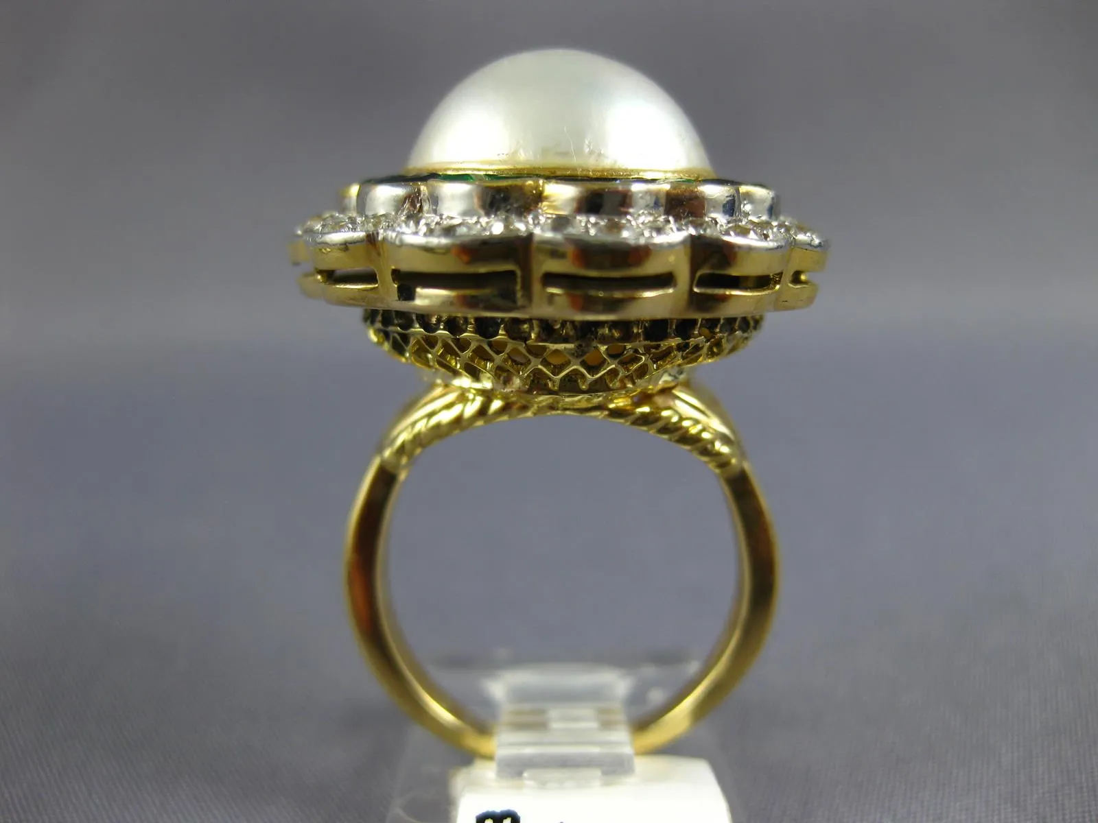 ANTIQUE LARGE DIAMOND AAA PEARL EMERALD SAPPHIRE 14KT GOLD BALLERINA RING #1873