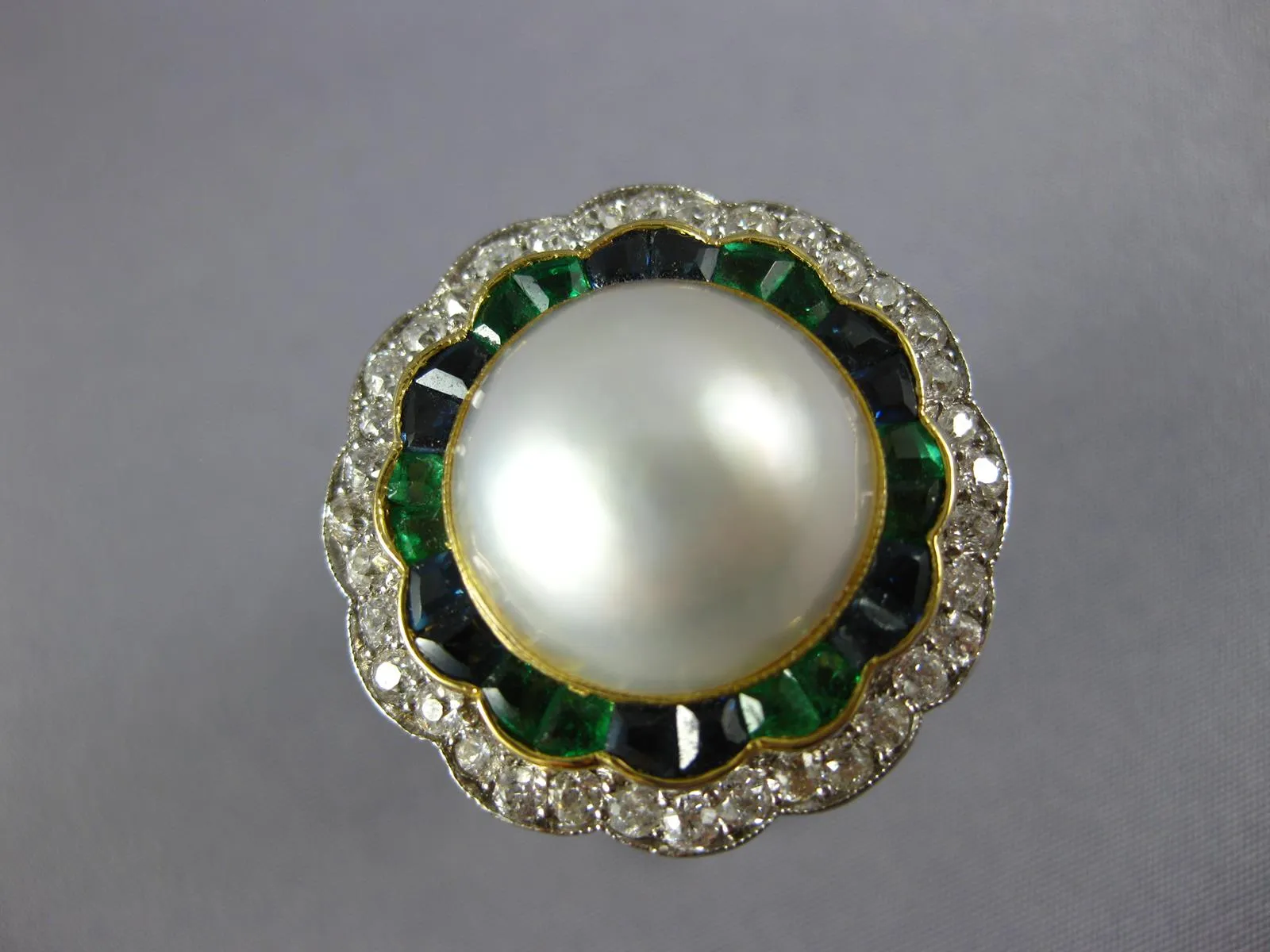 ANTIQUE LARGE DIAMOND AAA PEARL EMERALD SAPPHIRE 14KT GOLD BALLERINA RING #1873