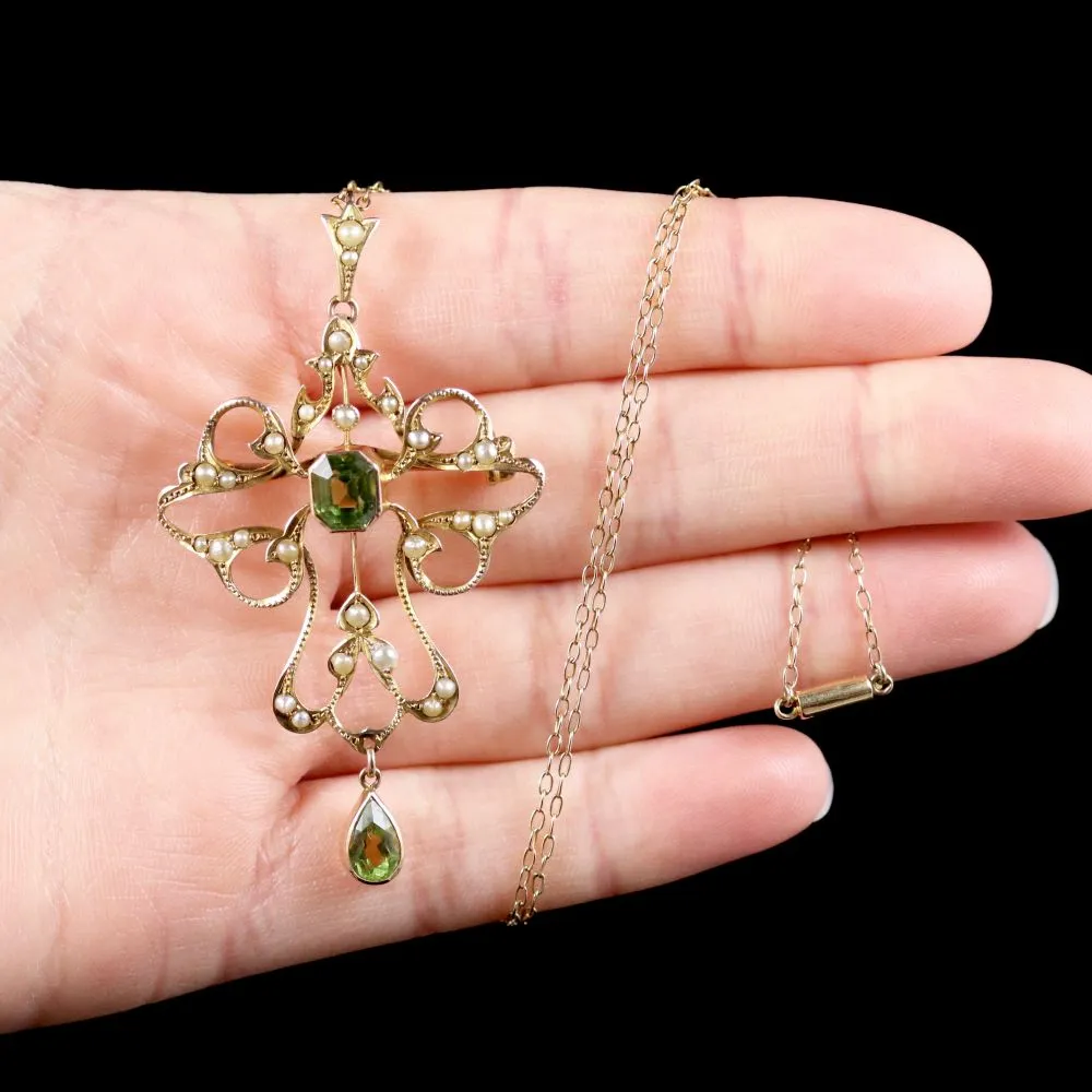 Antique Victorian Peridot 9Ct Gold Pearl Pendant Brooch Necklace Circa 1900