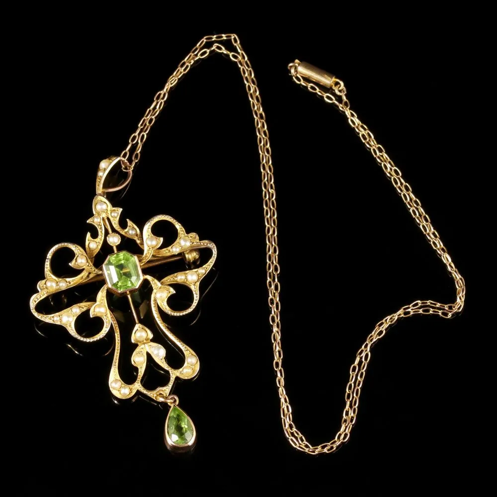 Antique Victorian Peridot 9Ct Gold Pearl Pendant Brooch Necklace Circa 1900