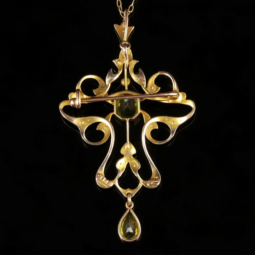 Antique Victorian Peridot 9Ct Gold Pearl Pendant Brooch Necklace Circa 1900