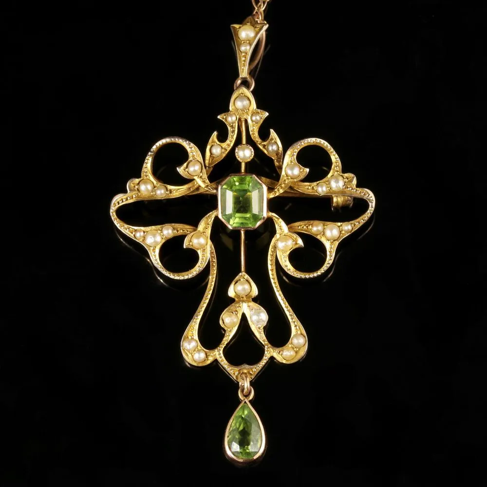 Antique Victorian Peridot 9Ct Gold Pearl Pendant Brooch Necklace Circa 1900