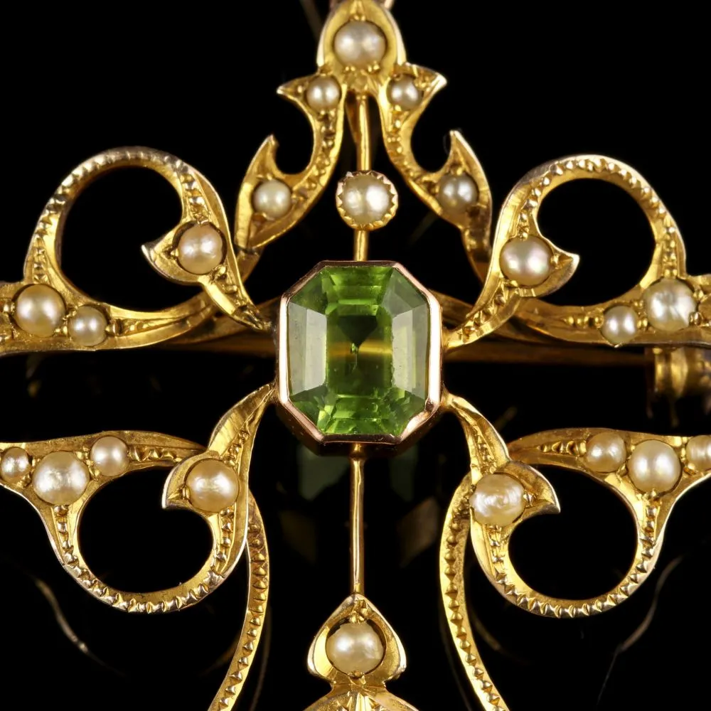 Antique Victorian Peridot 9Ct Gold Pearl Pendant Brooch Necklace Circa 1900