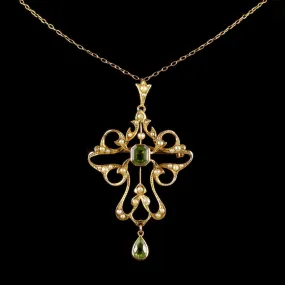 Antique Victorian Peridot 9Ct Gold Pearl Pendant Brooch Necklace Circa 1900