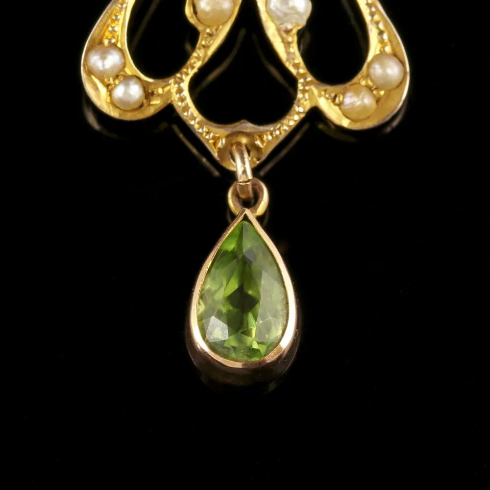 Antique Victorian Peridot 9Ct Gold Pearl Pendant Brooch Necklace Circa 1900