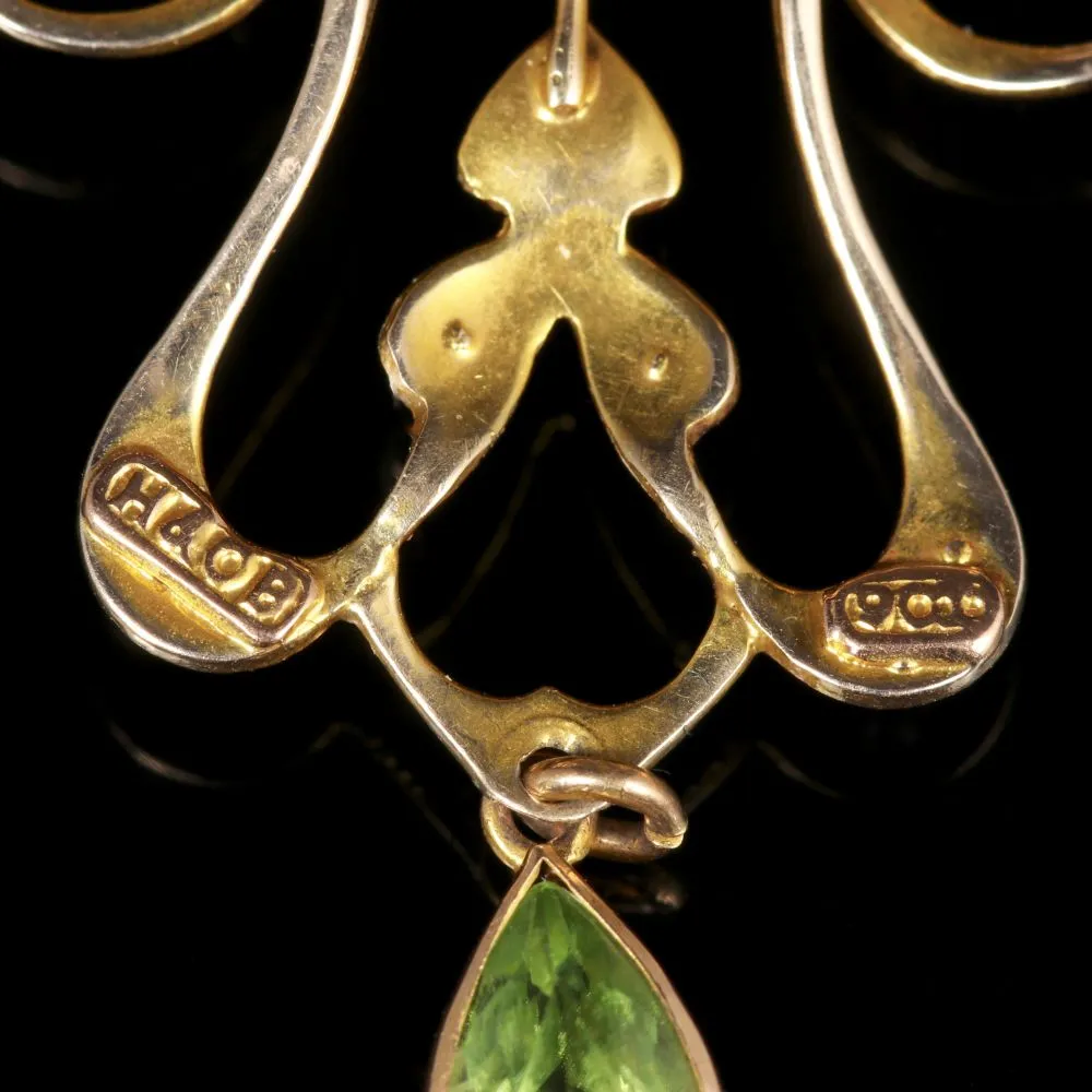 Antique Victorian Peridot 9Ct Gold Pearl Pendant Brooch Necklace Circa 1900