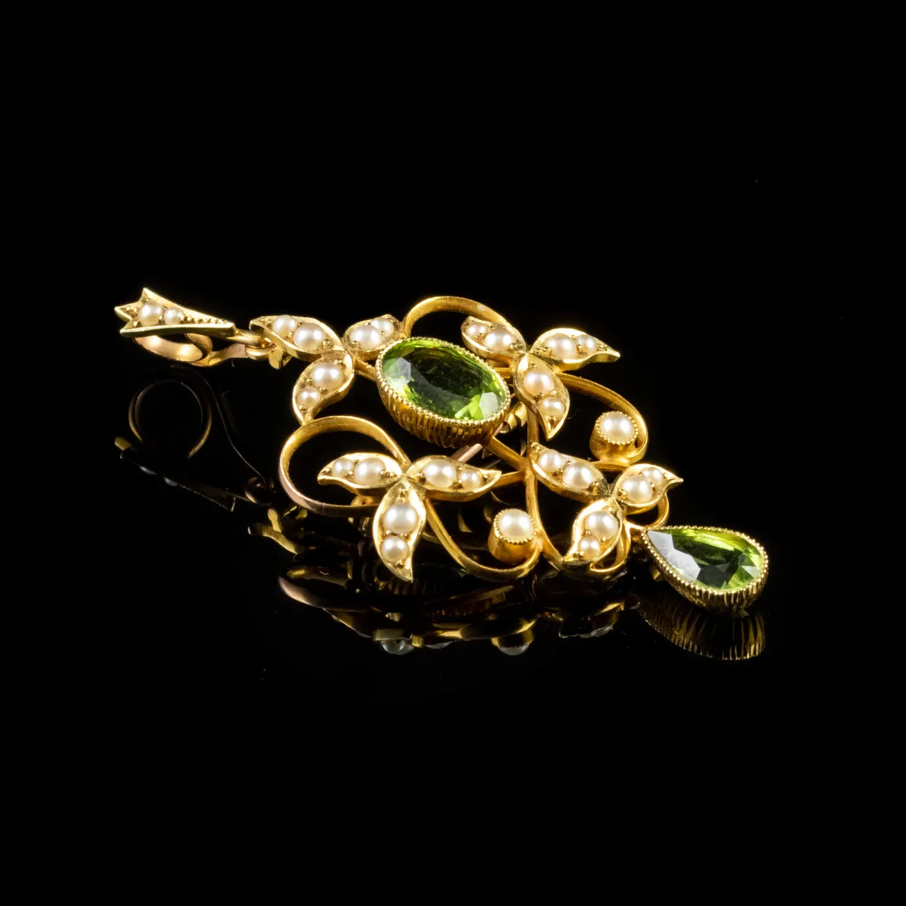 Antique Victorian Peridot Pearl Dropper Pendant 15Ct Gold Circa 1890