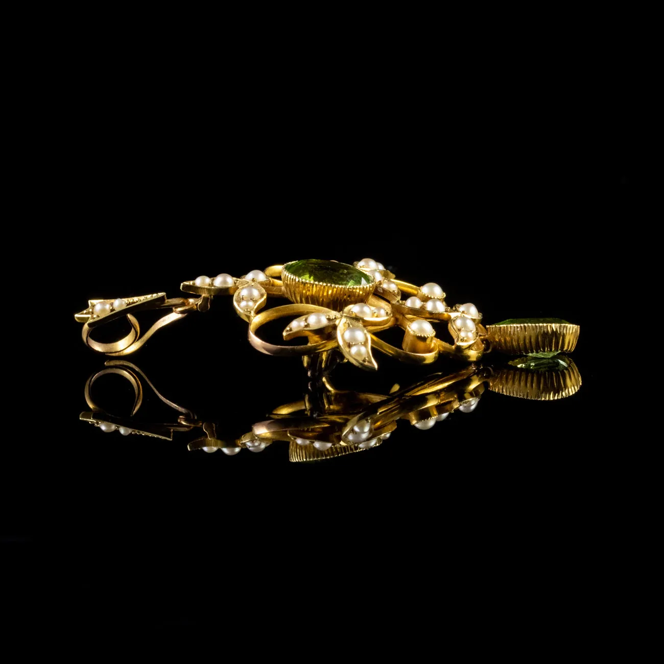 Antique Victorian Peridot Pearl Dropper Pendant 15Ct Gold Circa 1890