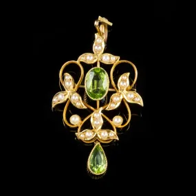Antique Victorian Peridot Pearl Dropper Pendant 15Ct Gold Circa 1890