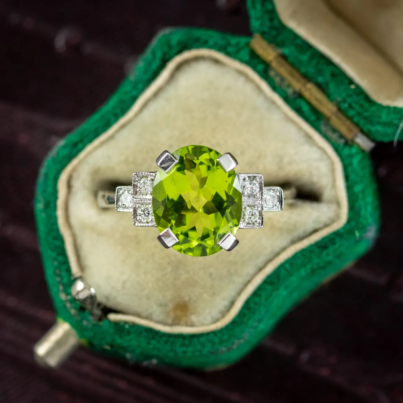 Art Deco Style Peridot Diamond Ring 3.5ct Peridot