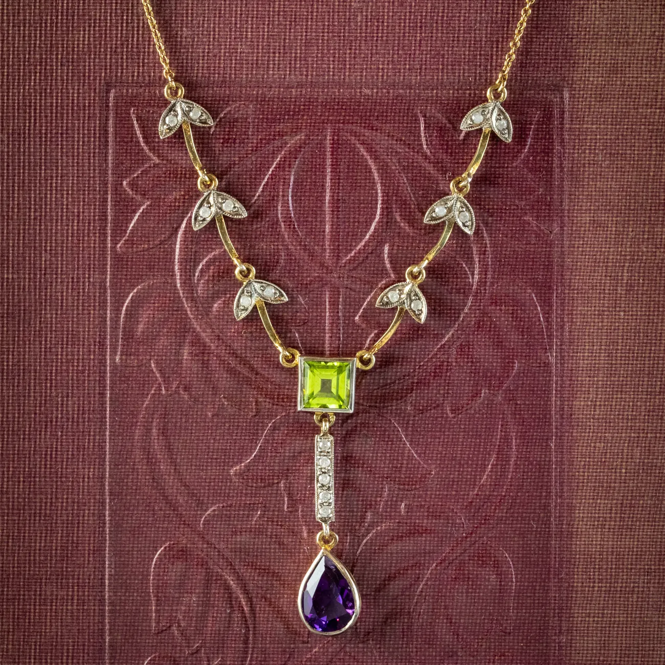 Art Deco Style Suffragette Lavaliere Necklace Peridot Amethyst Diamond