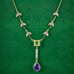 Art Deco Style Suffragette Lavaliere Necklace Peridot Amethyst Diamond