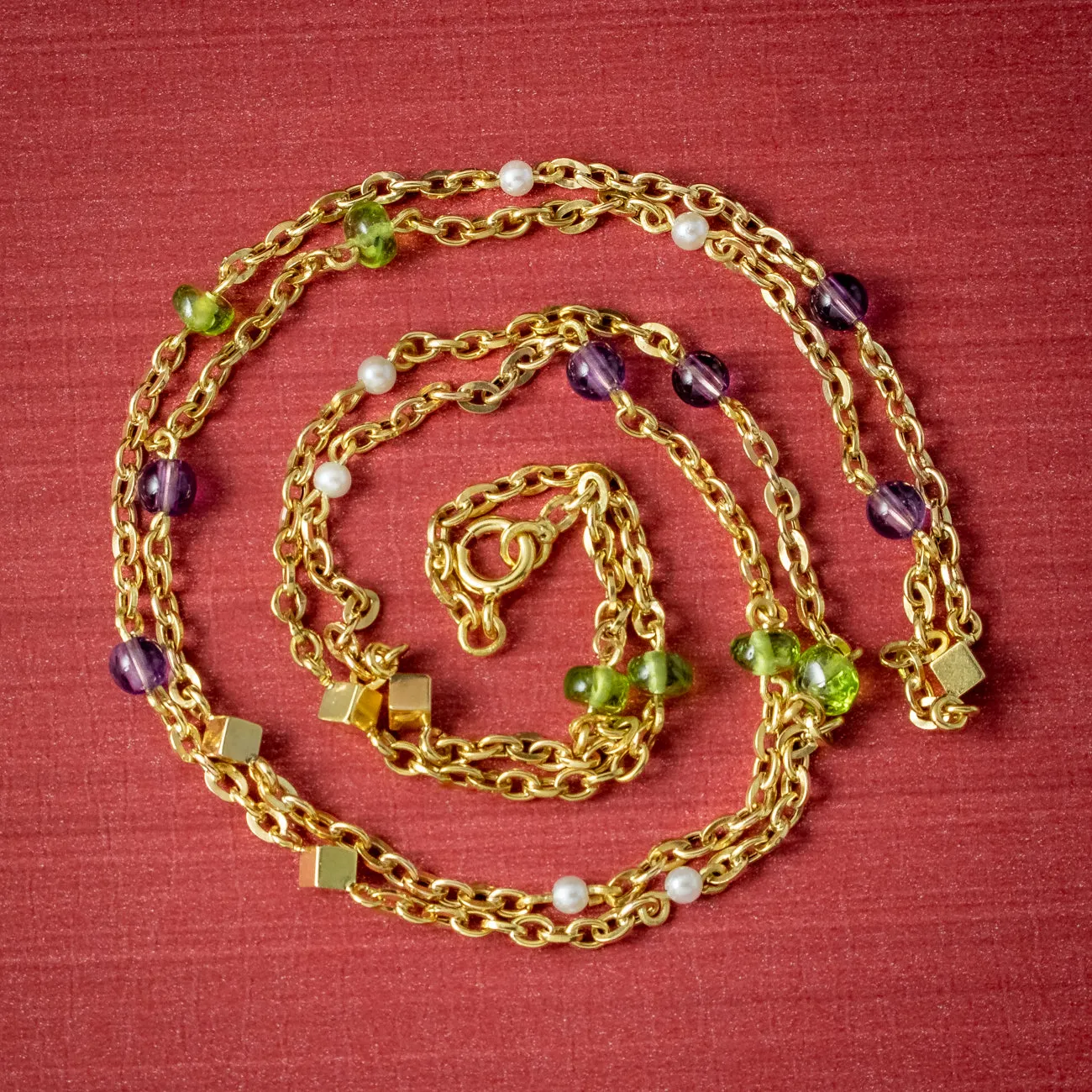 Art Deco Suffragette Chain Necklace 18ct Gold Amethyst Peridot Pearl