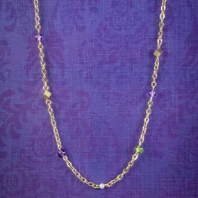 Art Deco Suffragette Chain Necklace 18ct Gold Amethyst Peridot Pearl