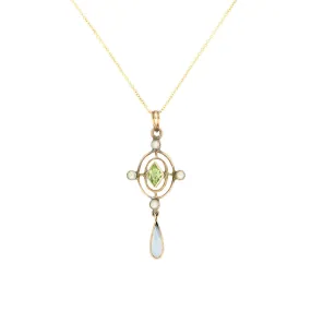 Art Nouveau 10k Lavalier Peridot, Moonstone, and Pearl Necklace