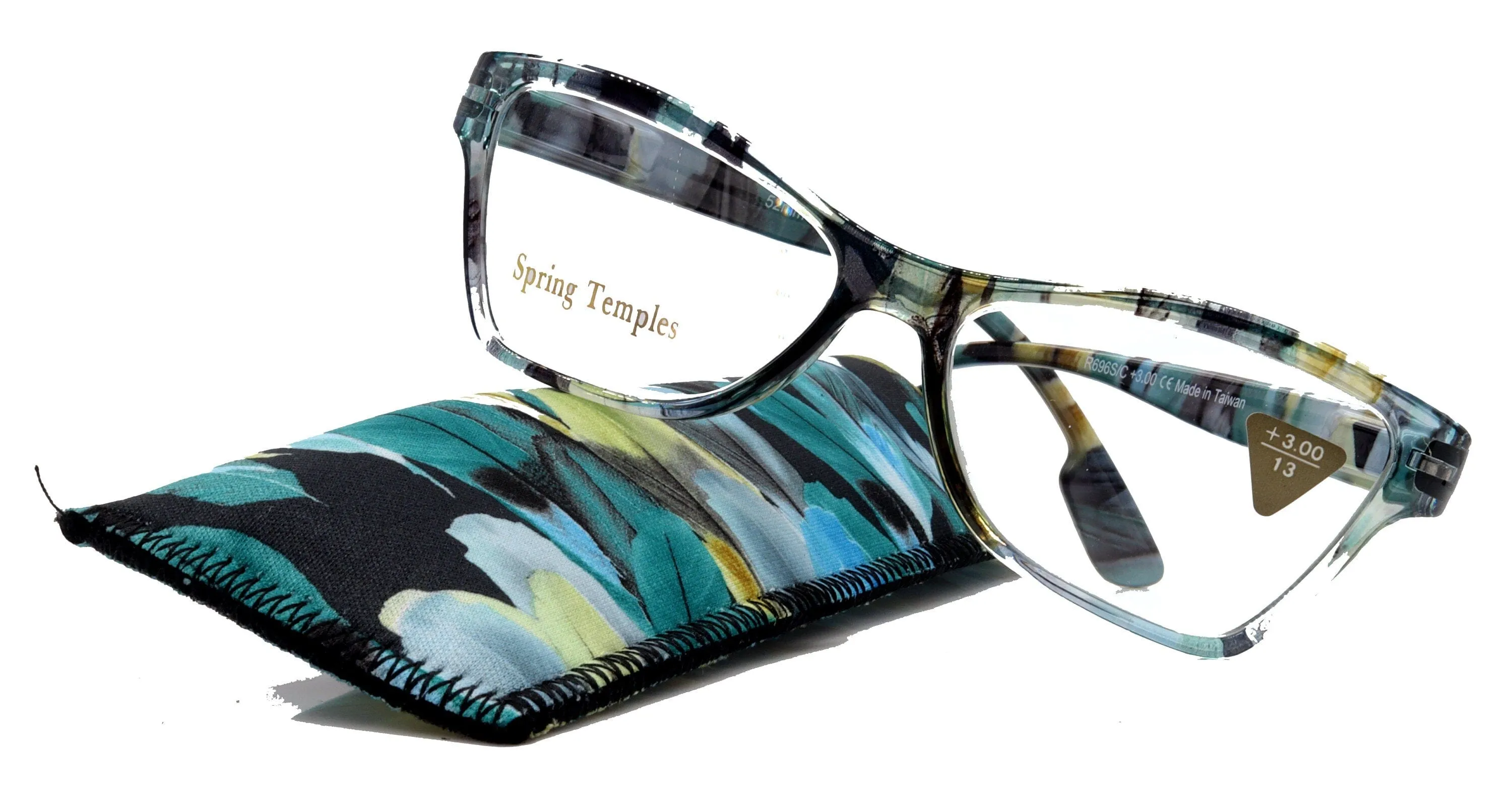 Avian,  (Premium) Reading Glass High End Reader  1 to  6 Magnifying Eyeglass, Cat Eye (Aqua Blue, Green) Feather Pattern. NY Fifth Avenue