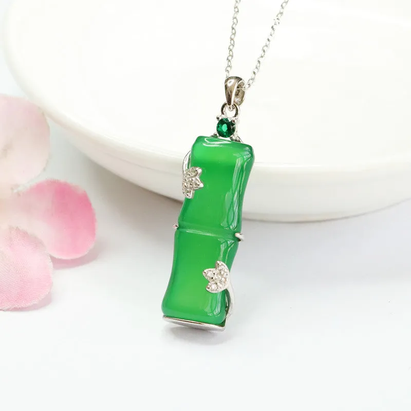 Bamboo Silver Necklace Featuring Natural Green Chalcedony and Zircon Leaf