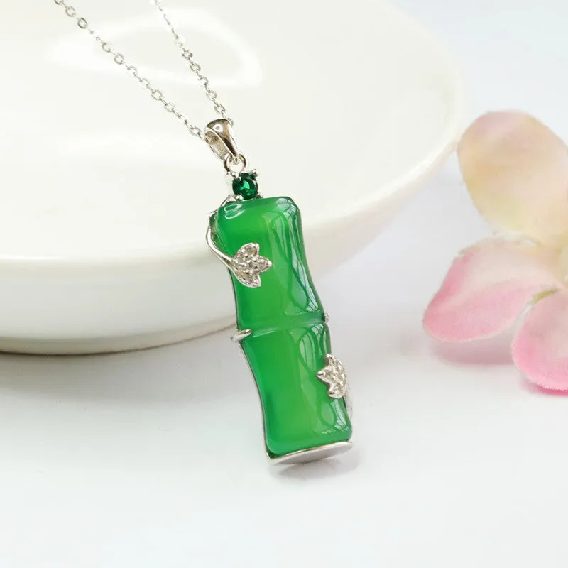 Bamboo Silver Necklace Featuring Natural Green Chalcedony and Zircon Leaf