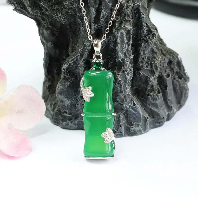 Bamboo Silver Necklace Featuring Natural Green Chalcedony and Zircon Leaf