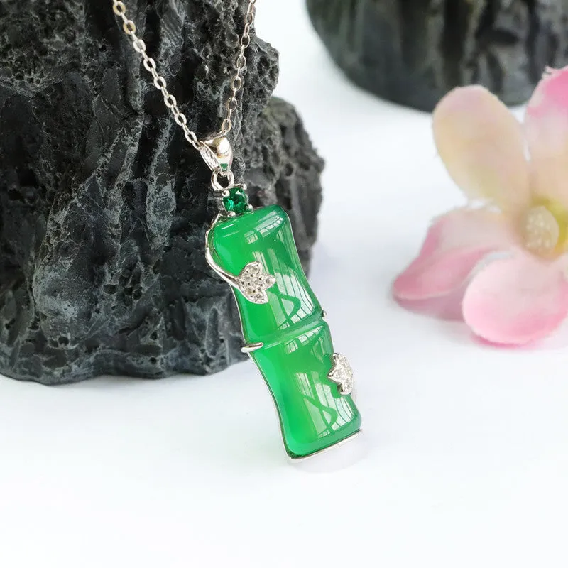 Bamboo Silver Necklace Featuring Natural Green Chalcedony and Zircon Leaf