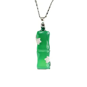 Bamboo Silver Necklace Featuring Natural Green Chalcedony and Zircon Leaf
