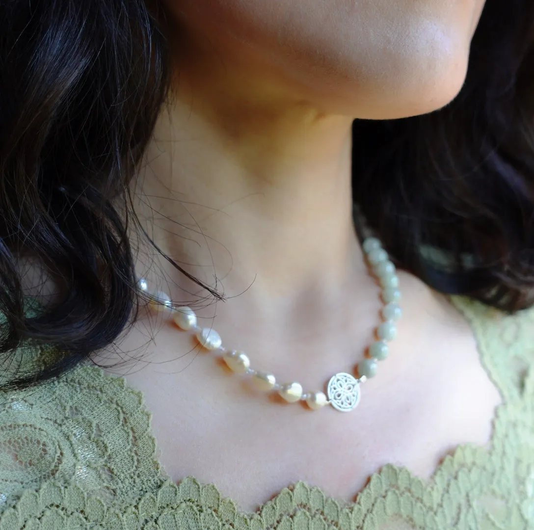 Baroque Pearl and Jadeite Necklace Silver