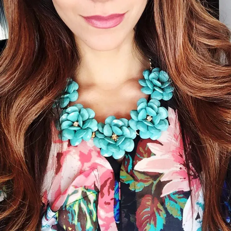 Beaded Rosette Statement Necklace- Turquoise