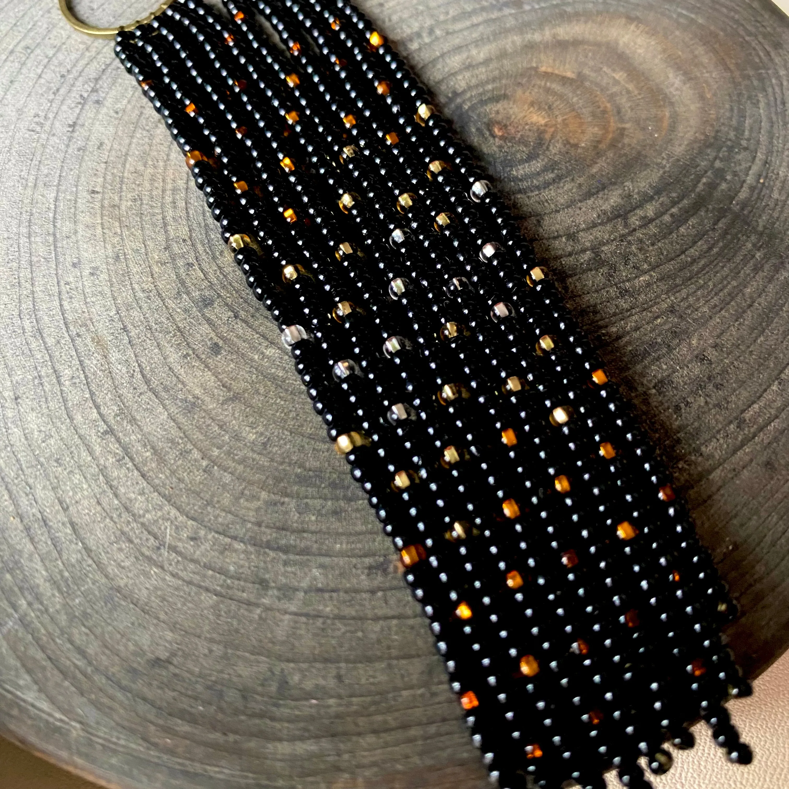 Black Gold Silver Seed Bead Earrings, Fringe Chandelier Earrings, Very Long Dangle Earrings, Statement Earrings, Bohemian Boho Earring Shiny