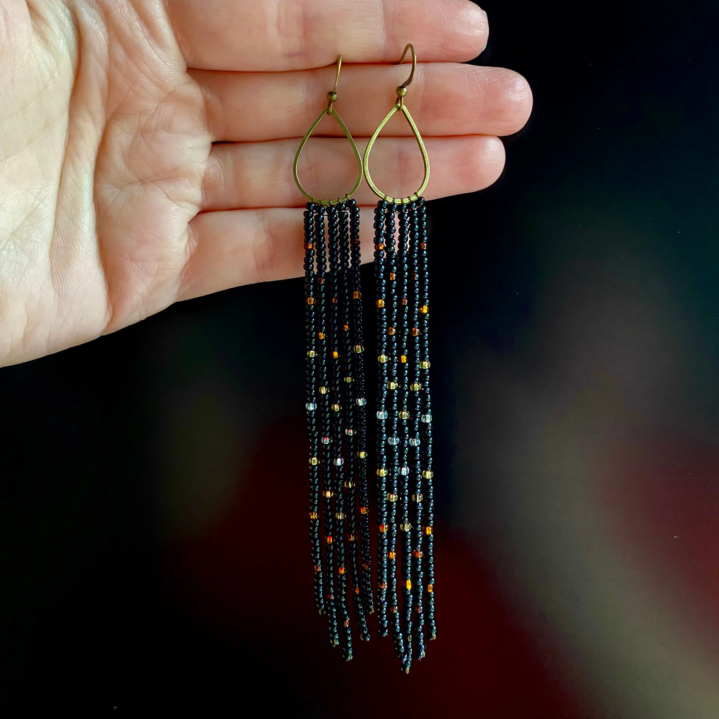 Black Gold Silver Seed Bead Earrings, Fringe Chandelier Earrings, Very Long Dangle Earrings, Statement Earrings, Bohemian Boho Earring Shiny