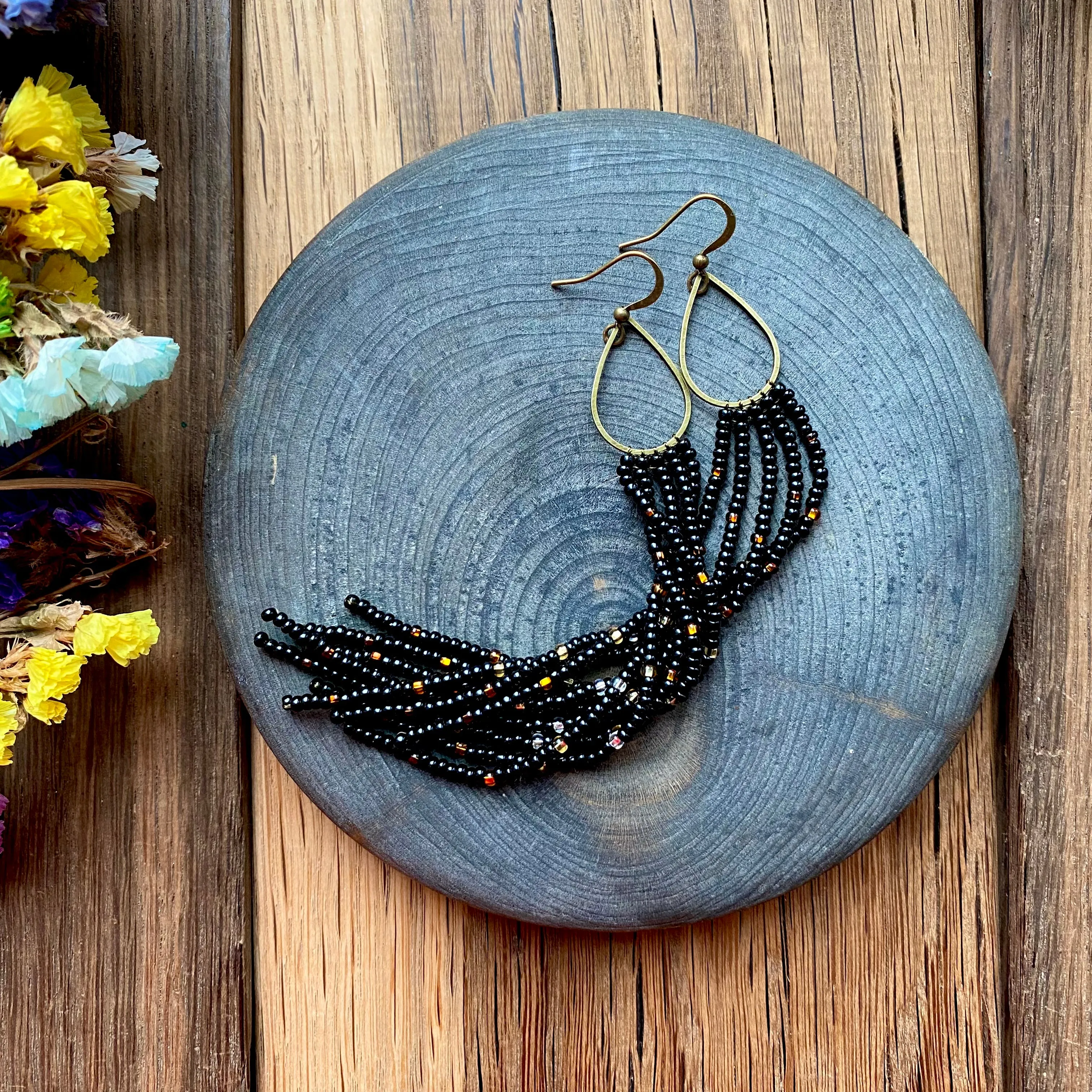 Black Gold Silver Seed Bead Earrings, Fringe Chandelier Earrings, Very Long Dangle Earrings, Statement Earrings, Bohemian Boho Earring Shiny
