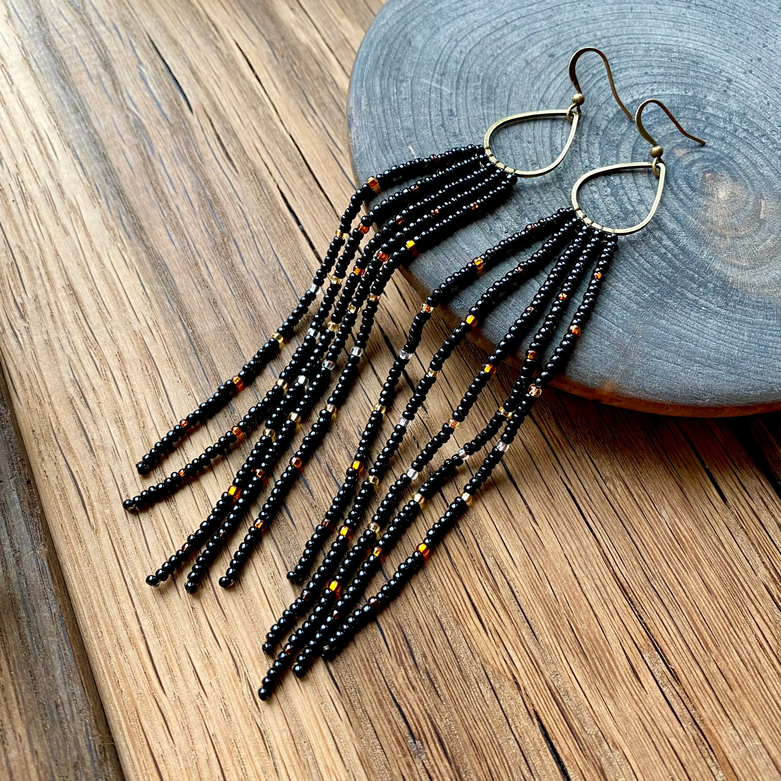 Black Gold Silver Seed Bead Earrings, Fringe Chandelier Earrings, Very Long Dangle Earrings, Statement Earrings, Bohemian Boho Earring Shiny
