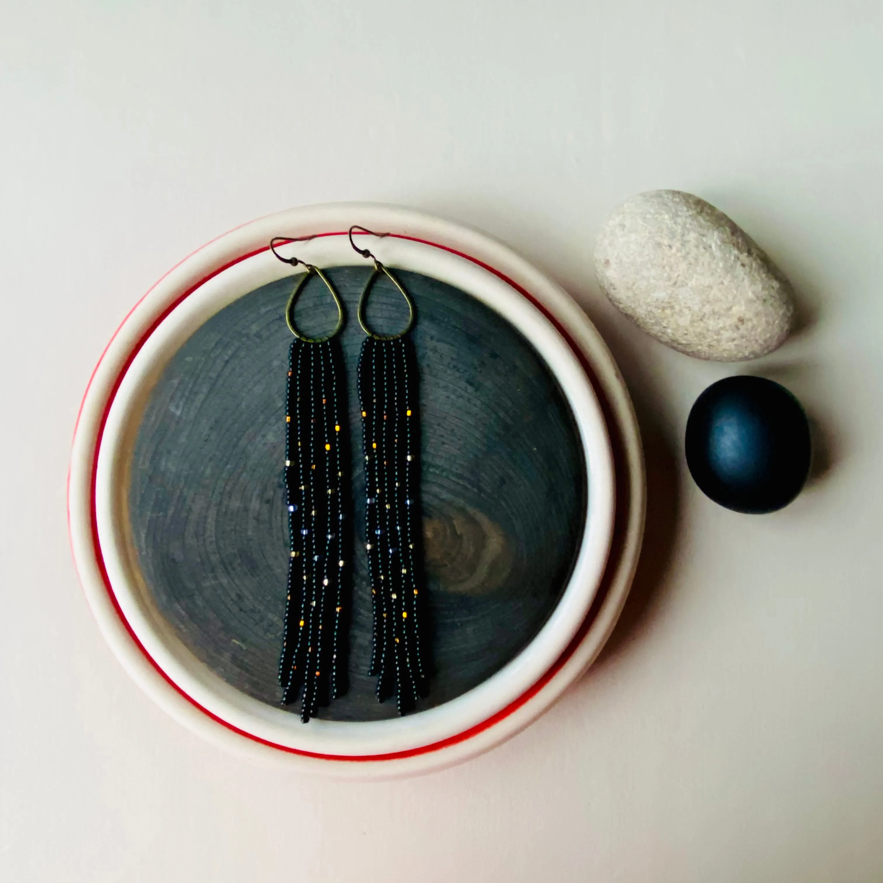 Black Gold Silver Seed Bead Earrings, Fringe Chandelier Earrings, Very Long Dangle Earrings, Statement Earrings, Bohemian Boho Earring Shiny