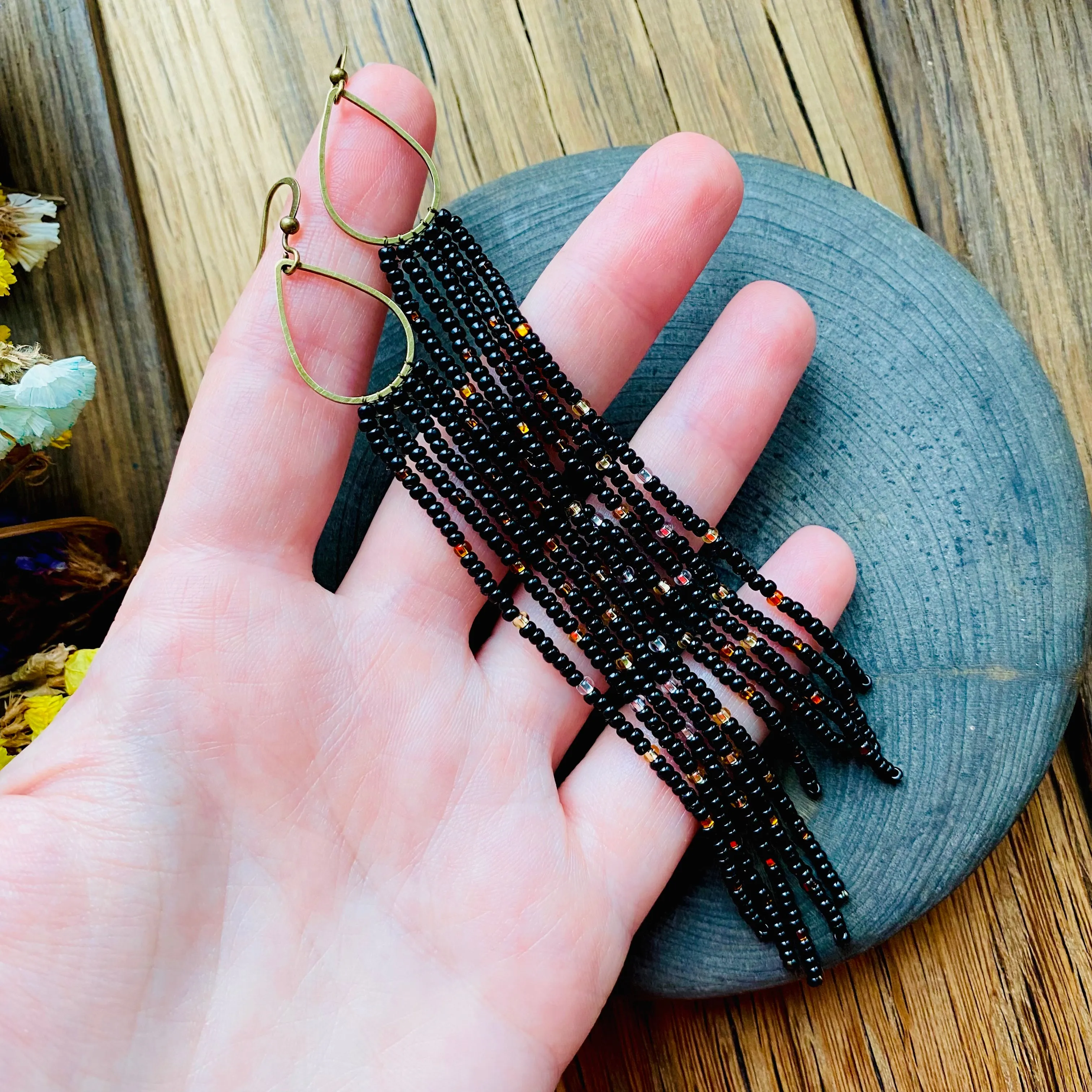 Black Gold Silver Seed Bead Earrings, Fringe Chandelier Earrings, Very Long Dangle Earrings, Statement Earrings, Bohemian Boho Earring Shiny