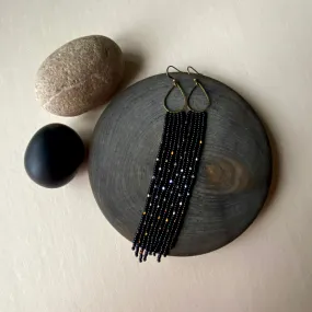 Black Gold Silver Seed Bead Earrings, Fringe Chandelier Earrings, Very Long Dangle Earrings, Statement Earrings, Bohemian Boho Earring Shiny