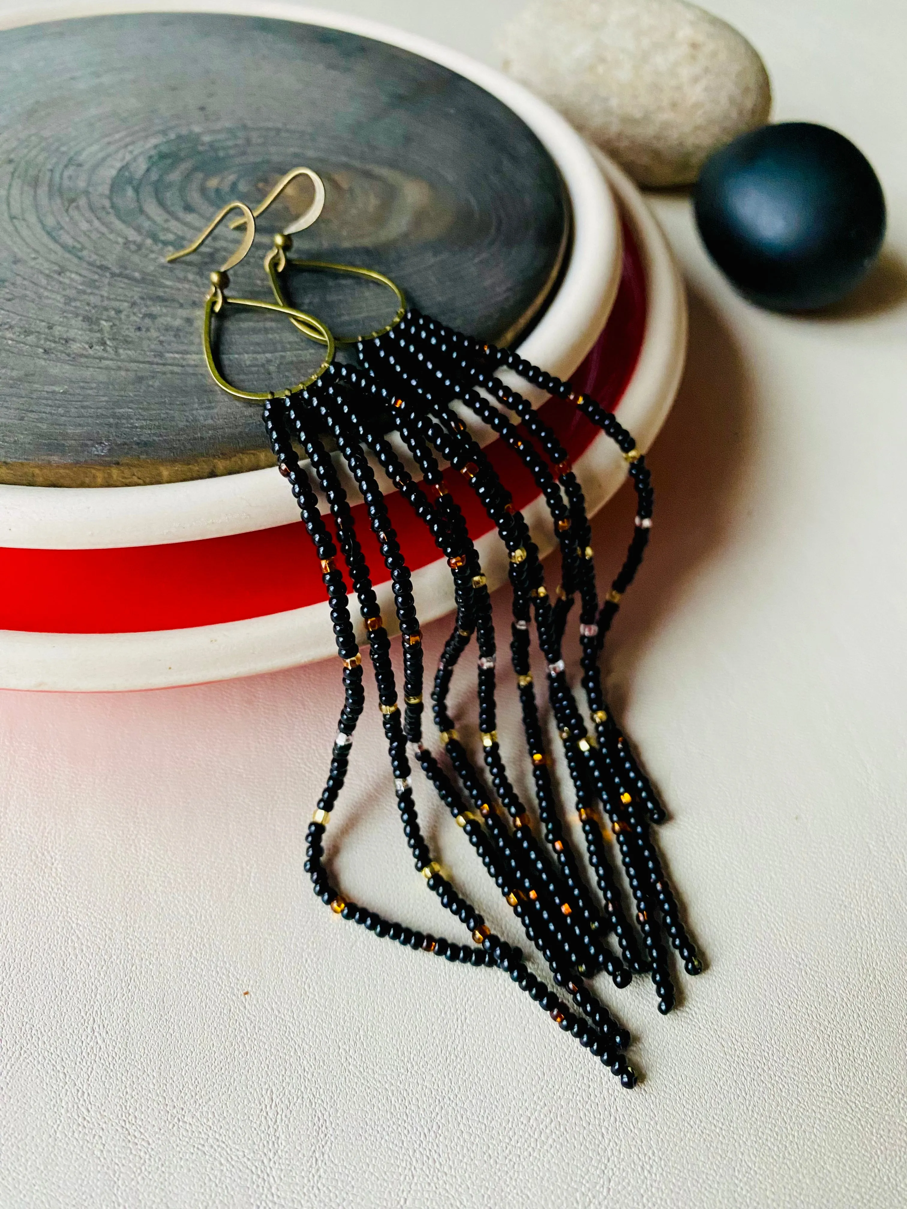 Black Gold Silver Seed Bead Earrings, Fringe Chandelier Earrings, Very Long Dangle Earrings, Statement Earrings, Bohemian Boho Earring Shiny