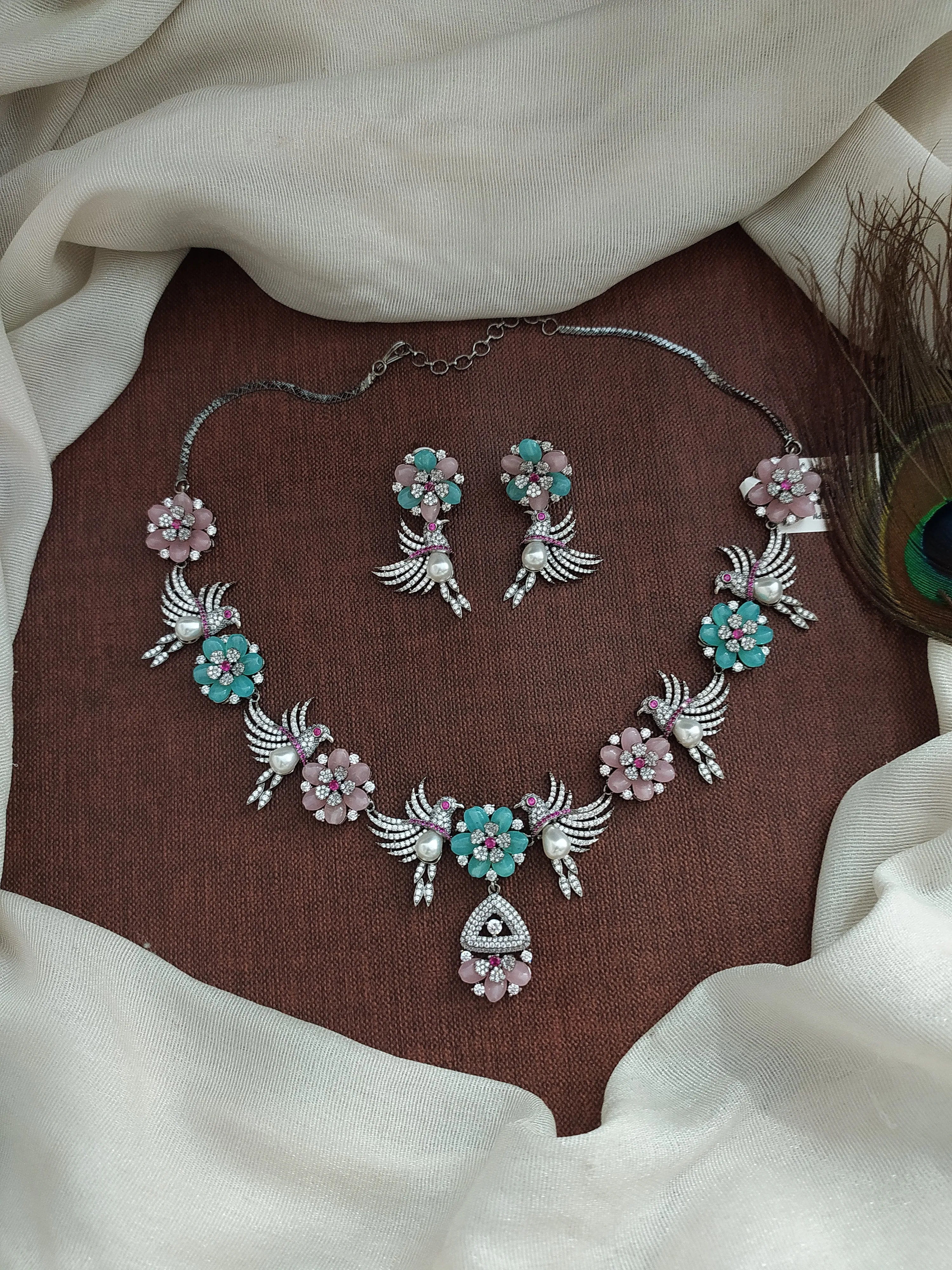 Black Rhodium Victorian Necklace Set with Peacock and Floral Design
