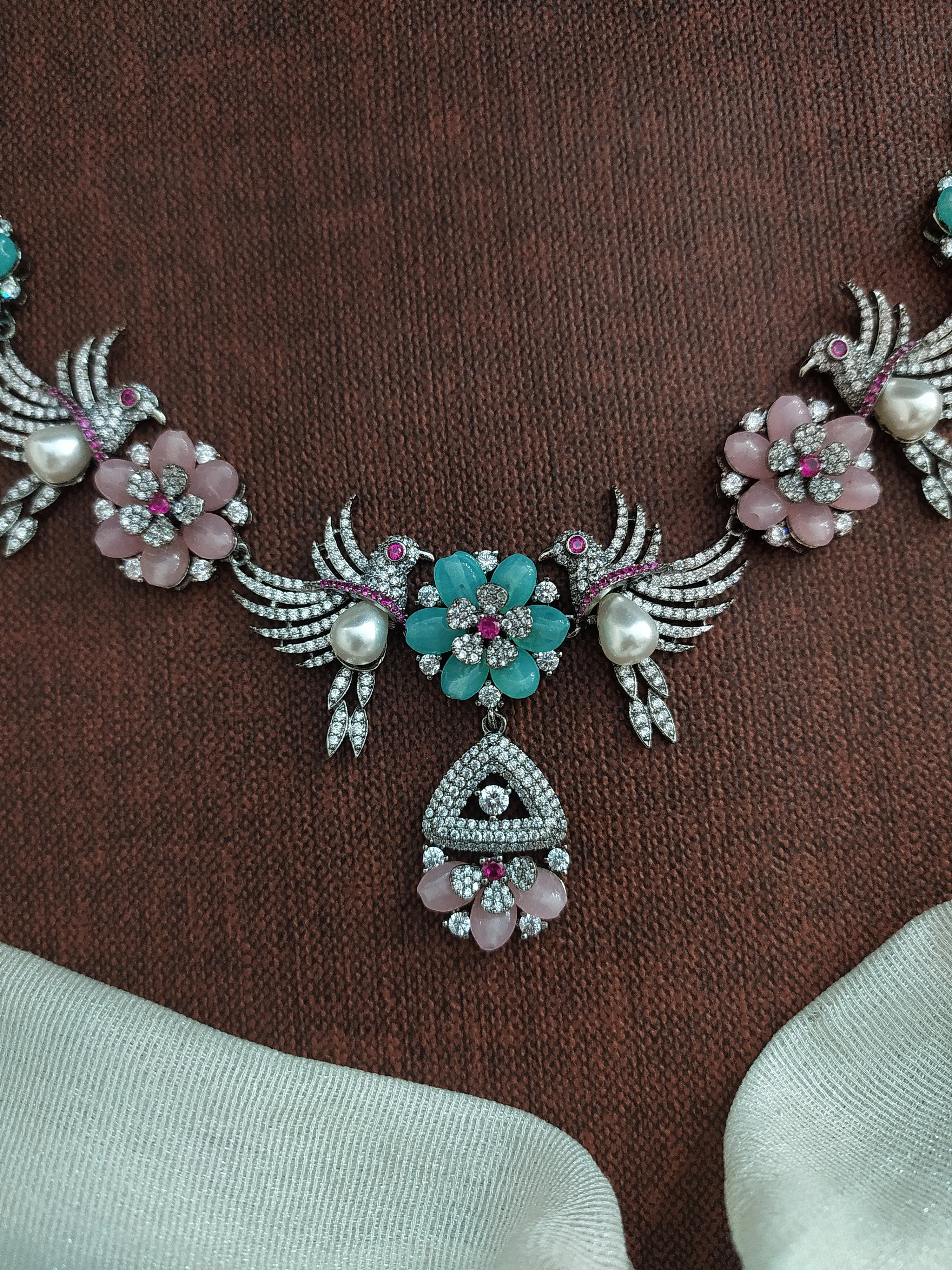 Black Rhodium Victorian Necklace Set with Peacock and Floral Design