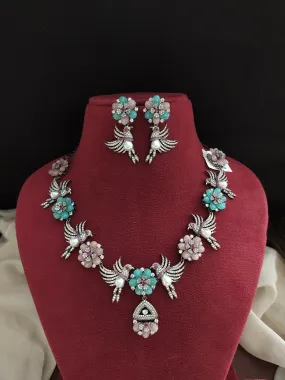 Black Rhodium Victorian Necklace Set with Peacock and Floral Design