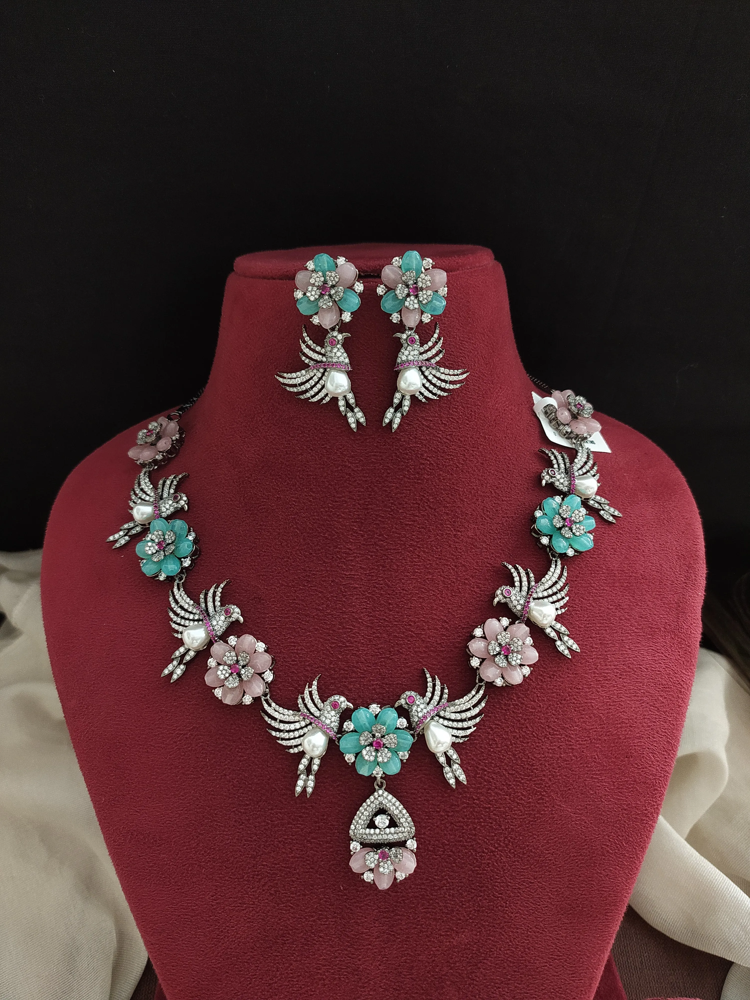 Black Rhodium Victorian Necklace Set with Peacock and Floral Design